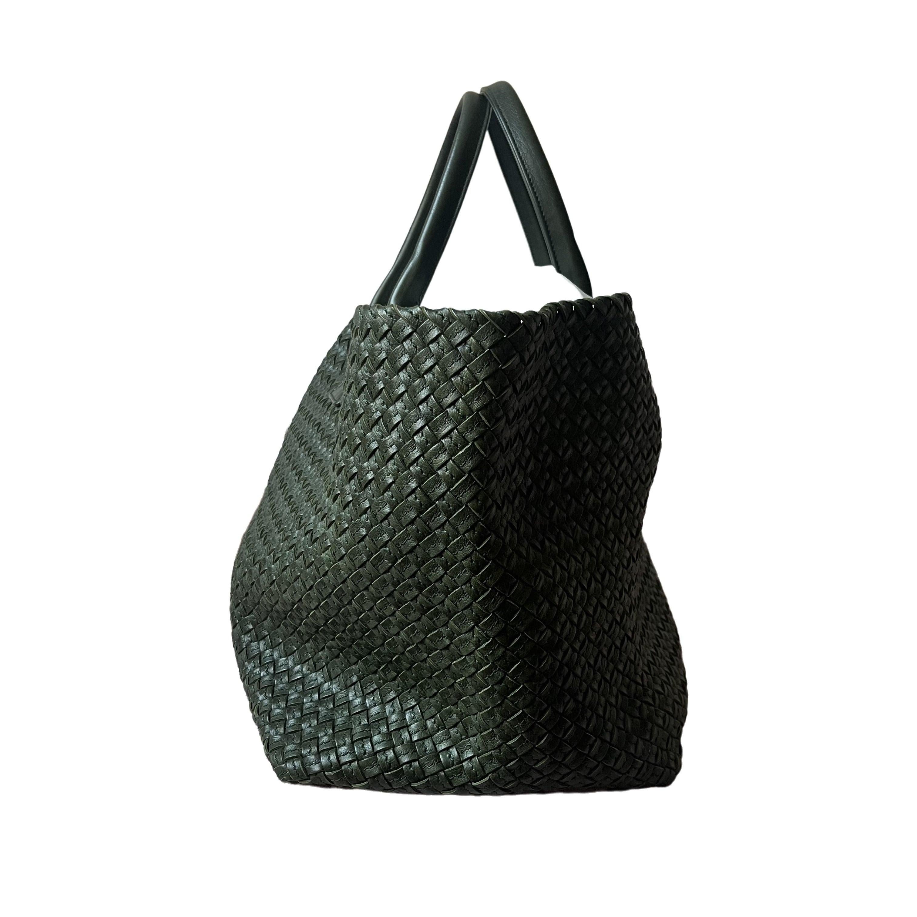 Black Bottega Veneta Cabat Tote Dark Green Intreccio Leather 45cm