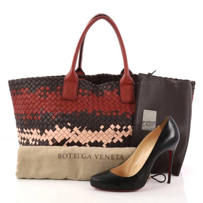 This authentic Bottega Veneta Cabat Tote Multicolor Intrecciato Nappa Medium is a statement piece you can surely take from day to night. Beautifully crafted in multicolor nappa leather in Bottega Veneta's signature intrecciato woven method, this