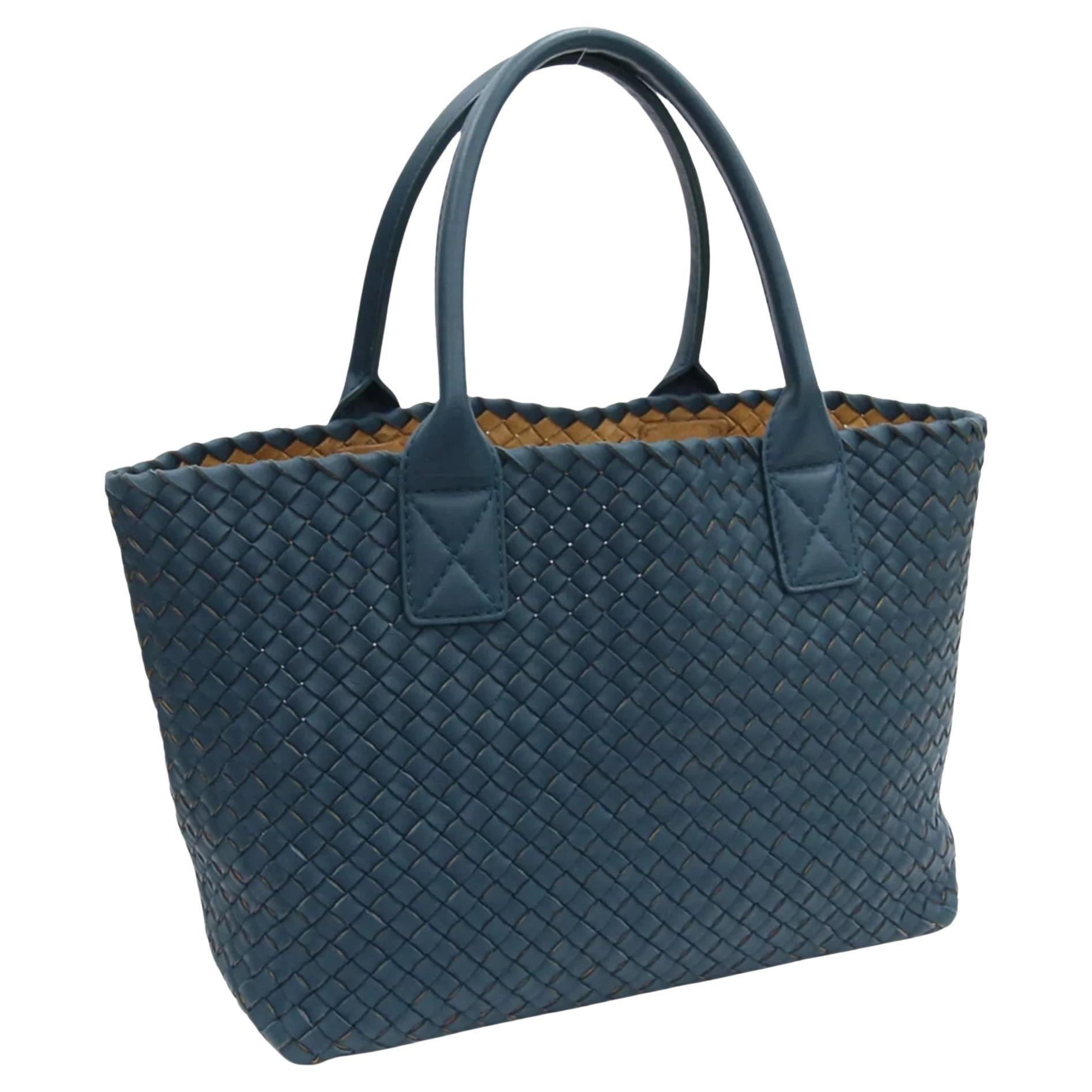 Bottega Veneta Cabat Tote Small/Medium Intreccio Blue Green Leather For Sale