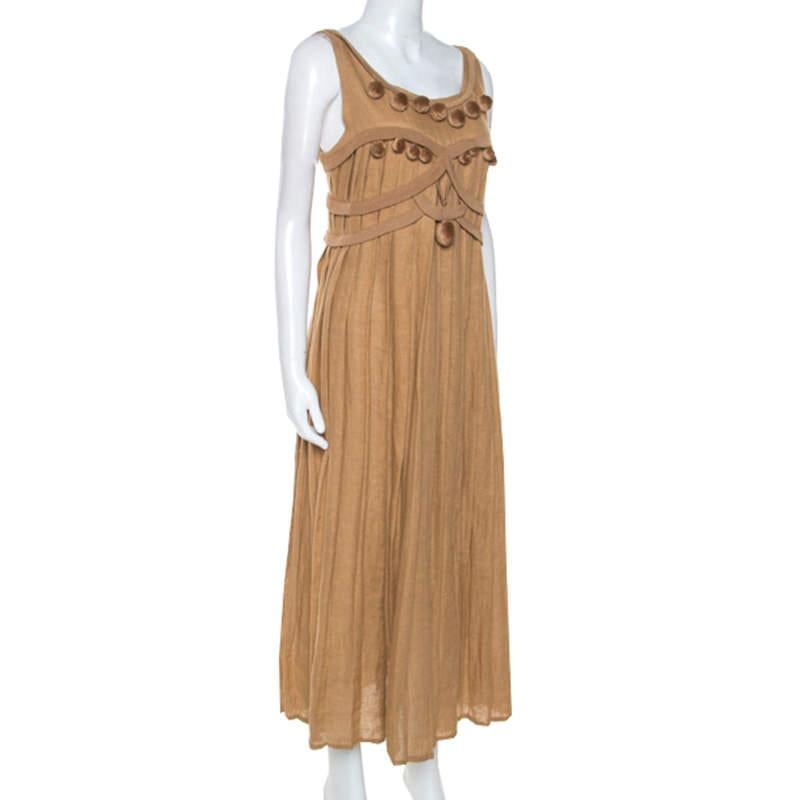 Bottega Veneta Camel Beige Linen Pom Pom Detail Pleated Dress L In Good Condition For Sale In Dubai, Al Qouz 2