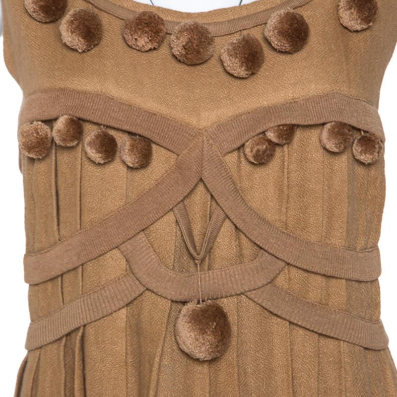Women's Bottega Veneta Camel Beige Linen Pom Pom Detail Pleated Dress L For Sale
