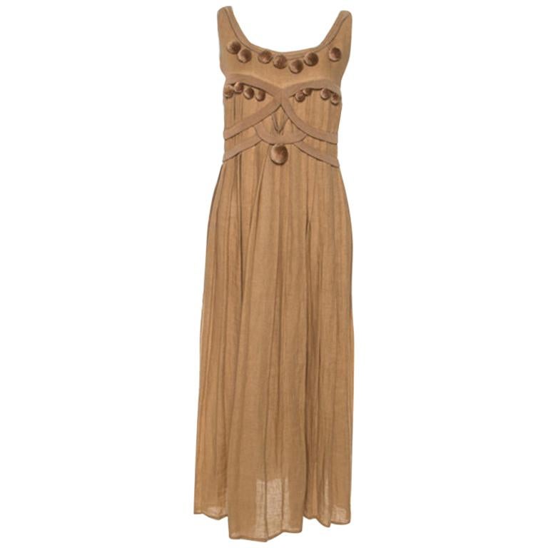 Bottega Veneta Camel Beige Linen Pom Pom Detail Pleated Dress L