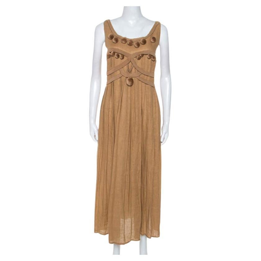 Bottega Veneta Camel Beige Linen Pom Pom Detail Pleated Dress L For Sale