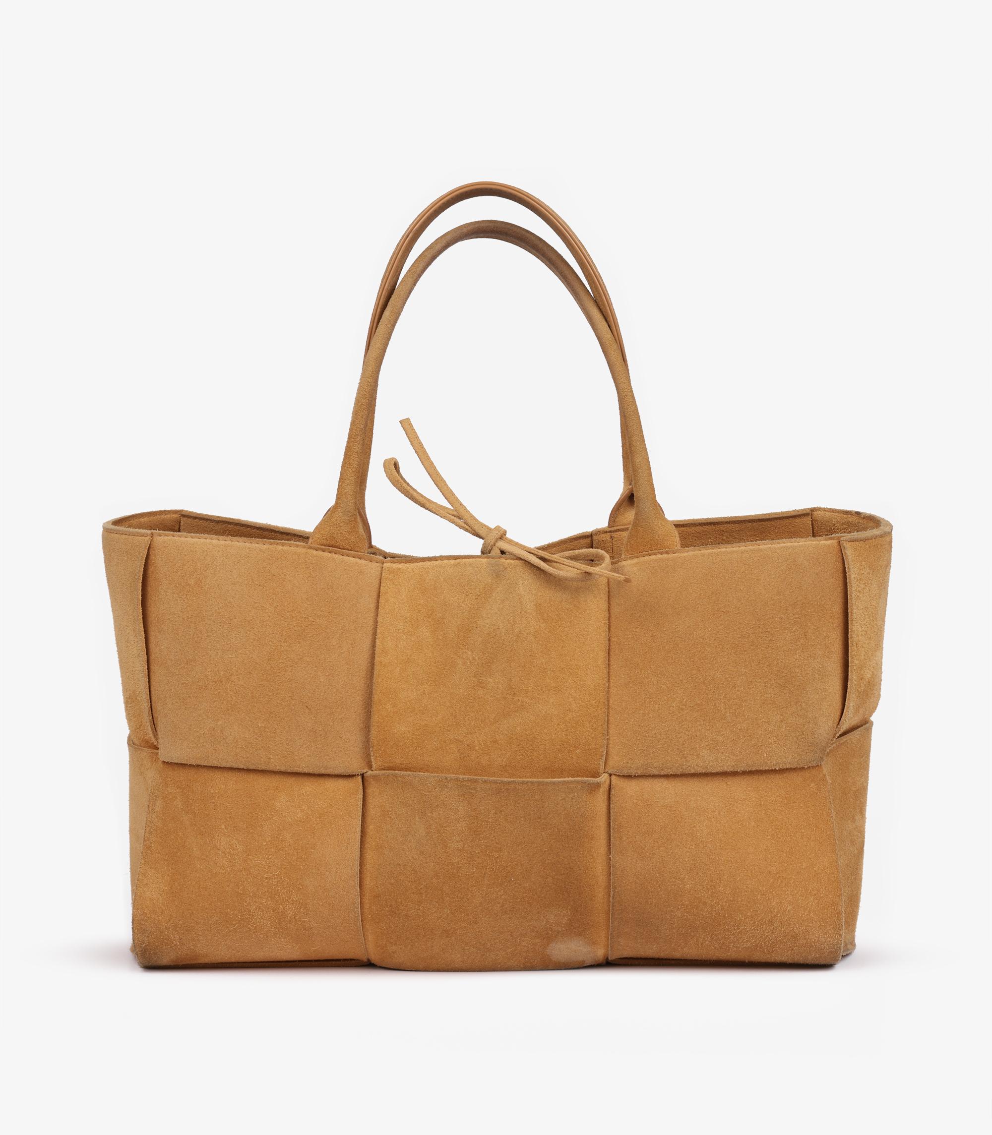 Bottega Veneta Camel Suede Intrecciato Medium Arco Tote In Good Condition For Sale In Bishop's Stortford, Hertfordshire