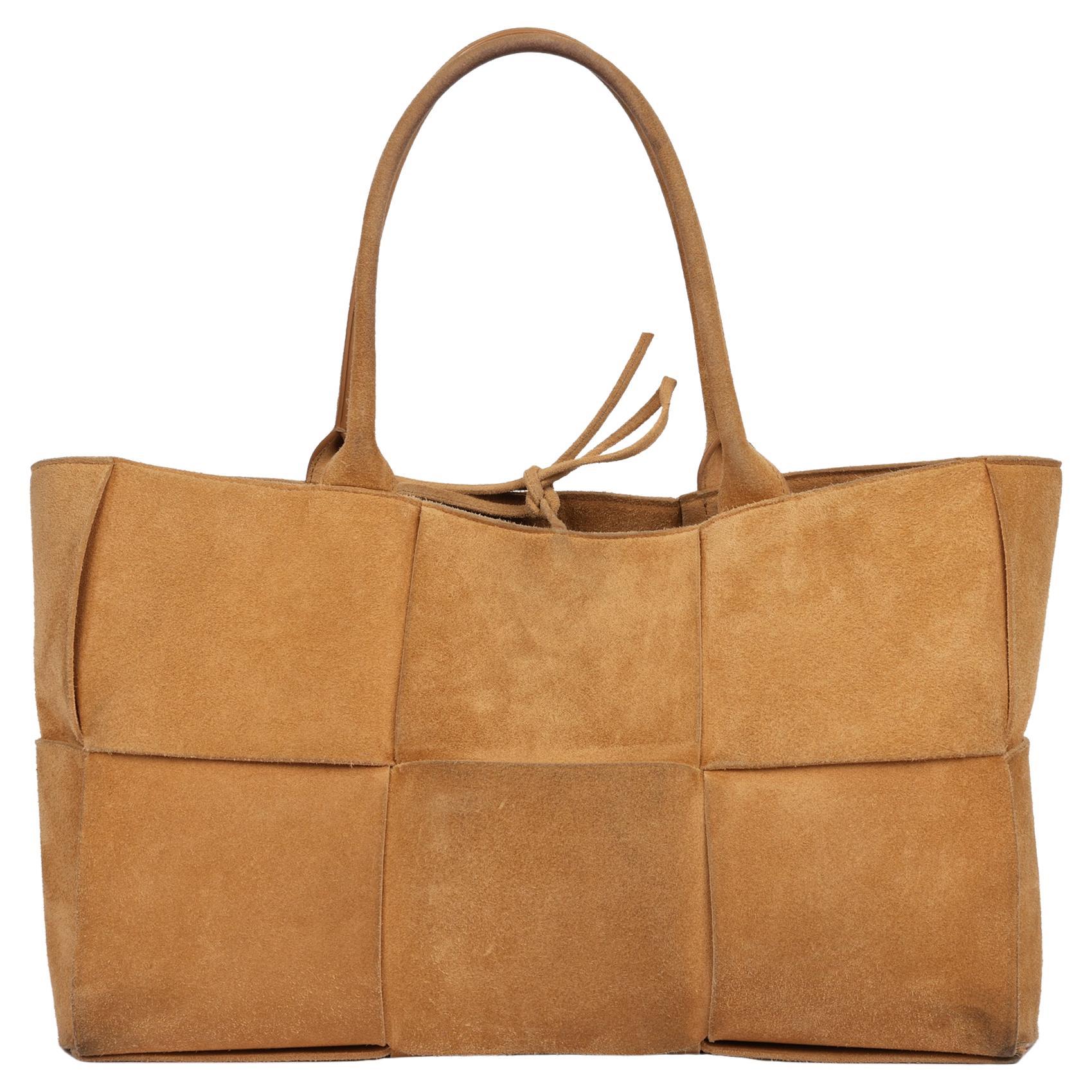 Bottega Veneta Camel Suede Intrecciato Medium Arco Tote For Sale