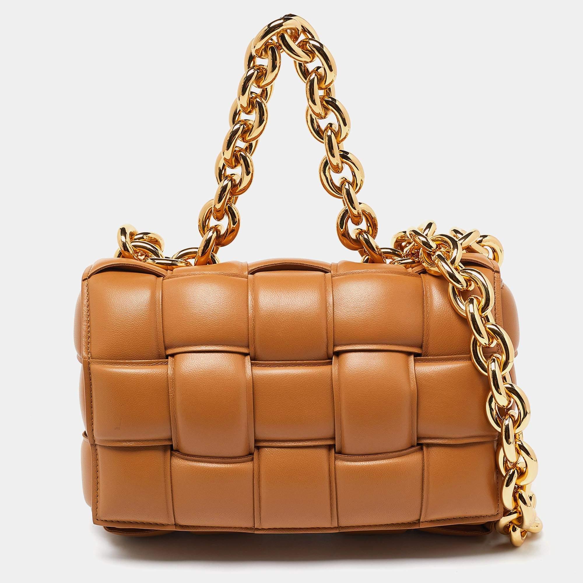 Bottega Veneta Caramel Padded Leather Cassette Chain Bag In New Condition For Sale In Dubai, Al Qouz 2