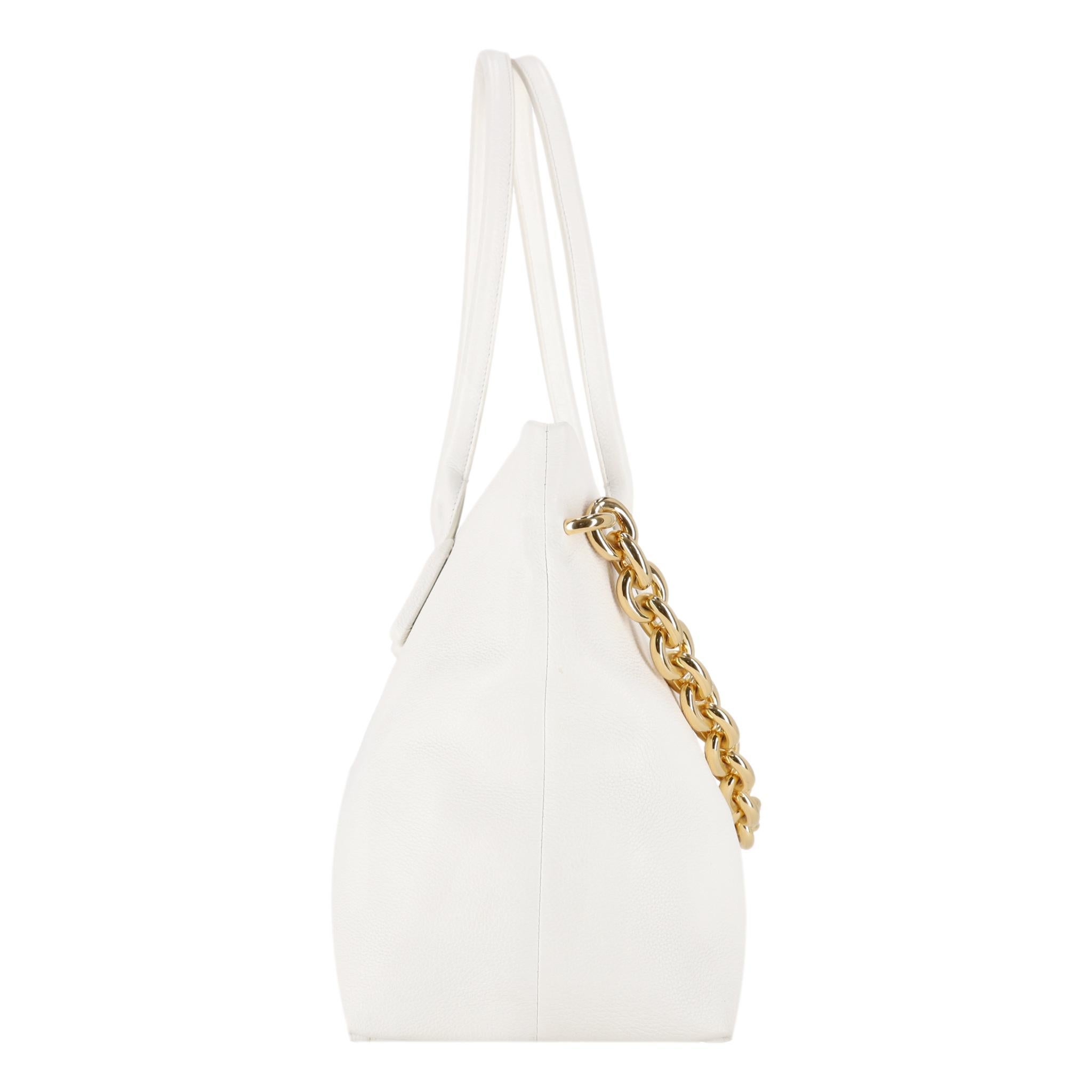 Beige Bottega Veneta Chain Detail Leather Tote Bag For Sale