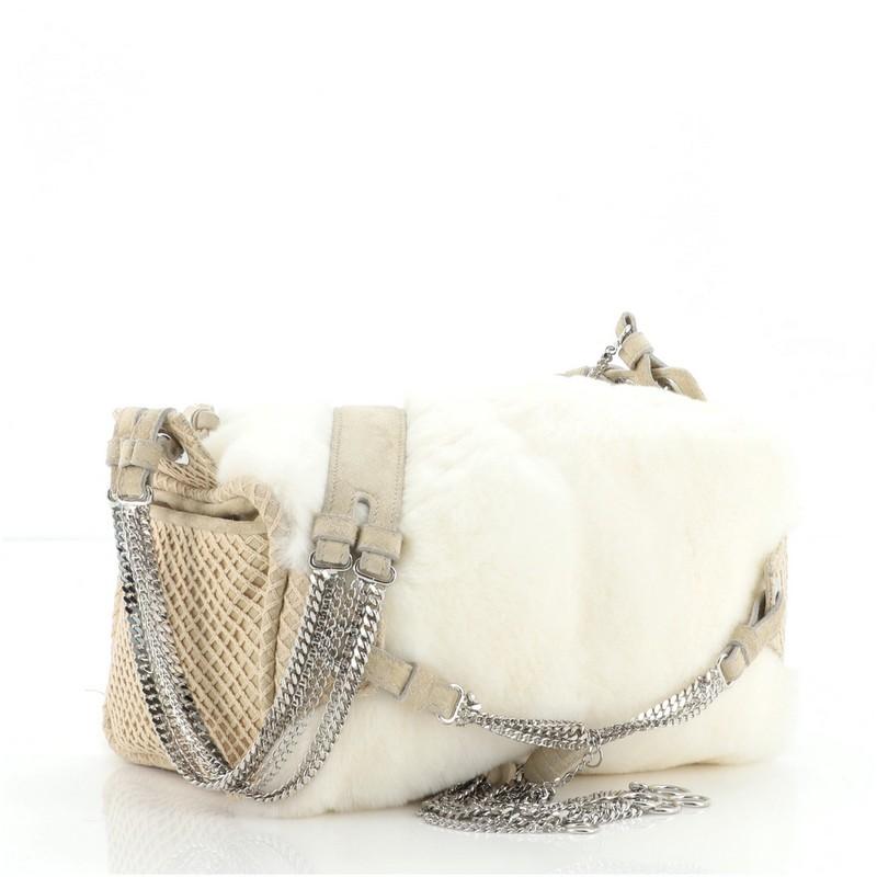 Beige Bottega Veneta Chain Tassel Zip Shoulder Bag Fur and Suede Small