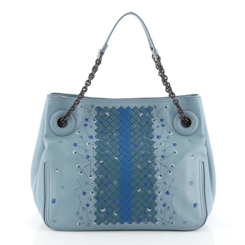 Blue Bottega Veneta Chain Tote Leather With Embroidery And Intrecciato Detail Medium