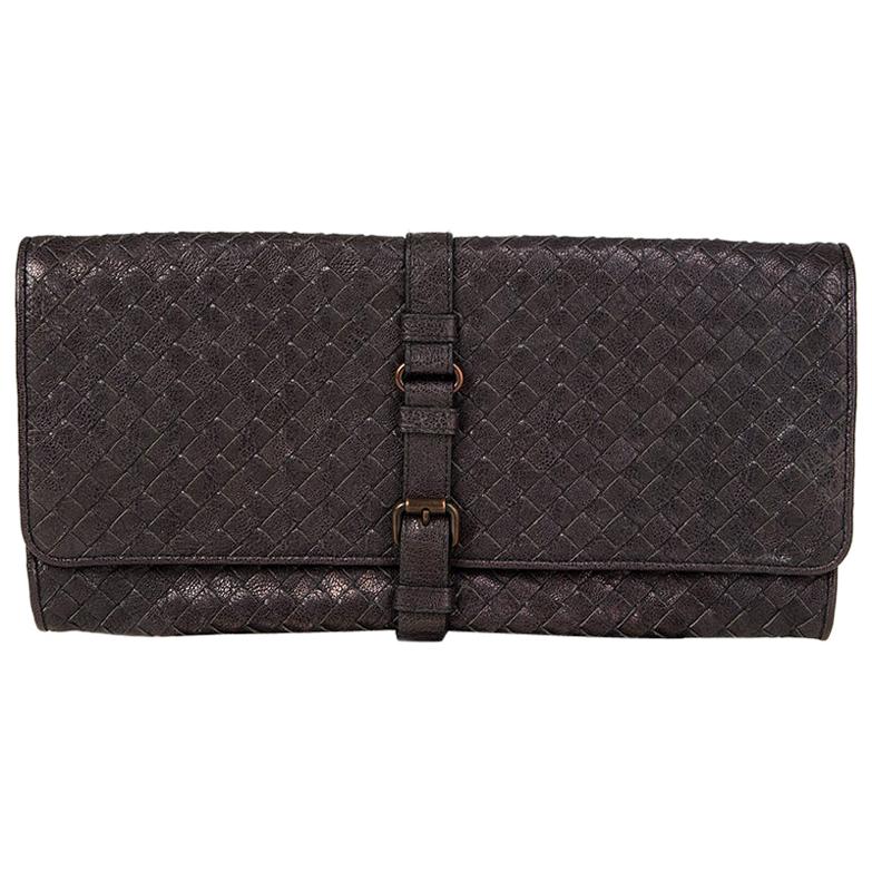 BOTTEGA VENETA charcoal grey INTRECCIATO Buckle Clutch Bag