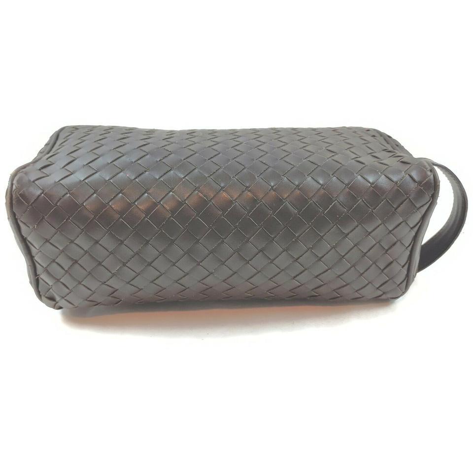 Bottega Veneta Charcoal Intrecciato Woven Leather Cosmetic Pouch Make Up Case 86 In Good Condition In Dix hills, NY