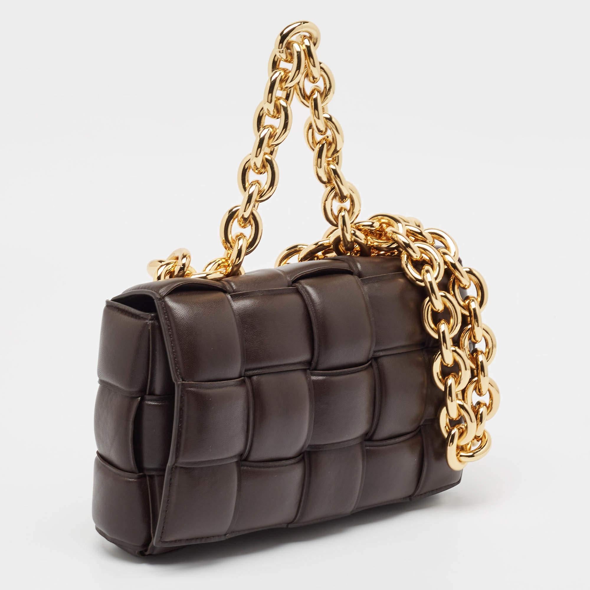 Black Bottega Veneta Choco Brown Padded Leather Chain Cassette Shoulder Bag For Sale