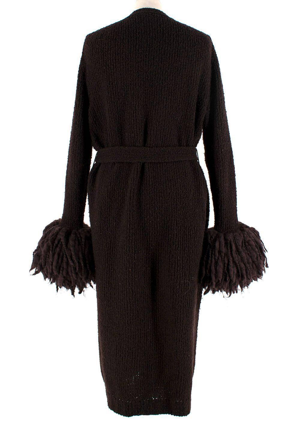 Bottega Veneta Chocolate Brown Boucle Wool Fringed Sleeve Cardigan-Coat

- Runway piece RTW AW 18
- Soft wool longline belted cardigan-coat
-Fringed mohair trim at the cuffs
-Ribbed trim at the hem and pockets
-Relaxed silhouette
-Unlined and