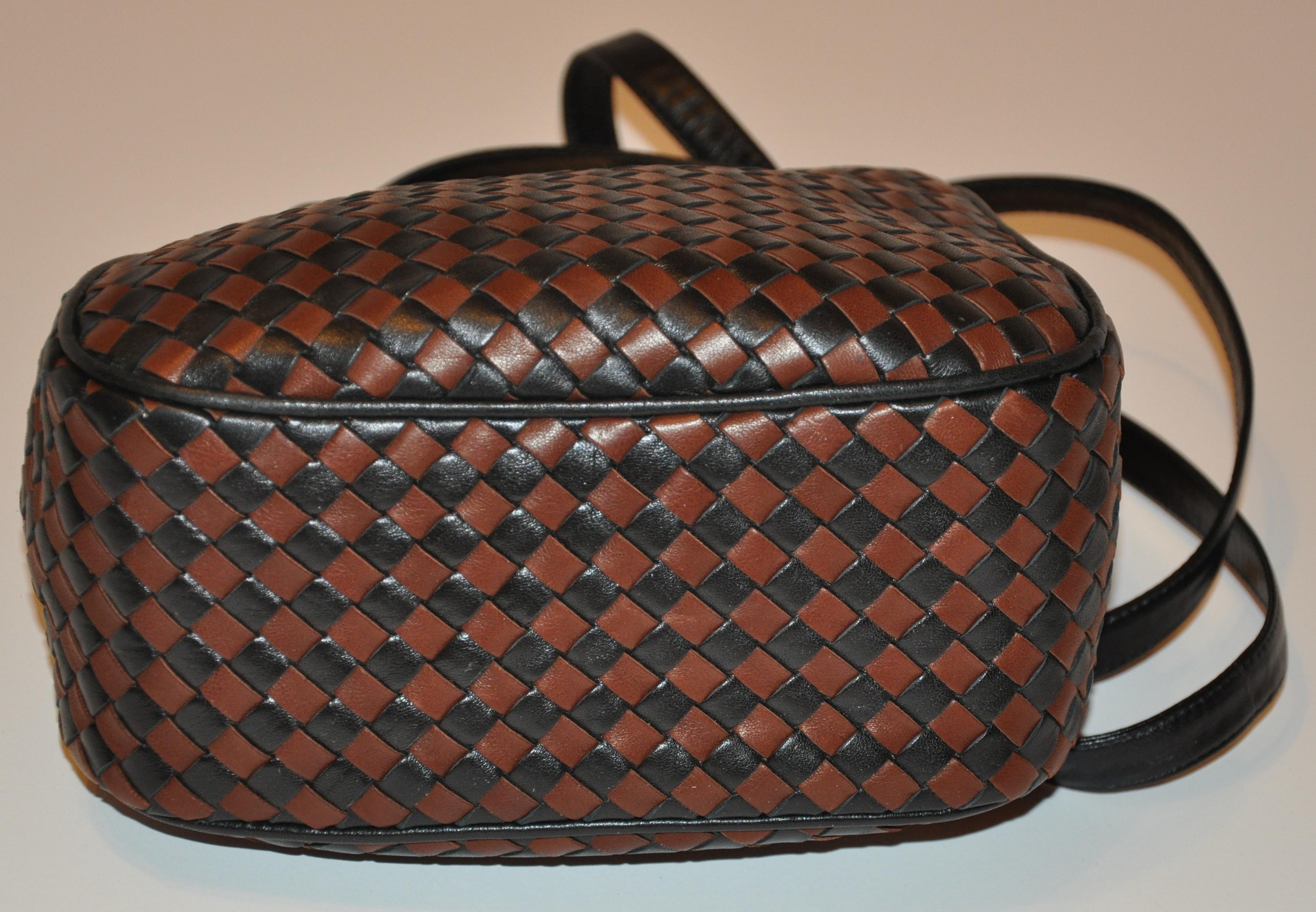 Women's or Men's Bottega Veneta Coco-Brown & Black Woven Lambskin Shoulder Bag with Gold Hardware