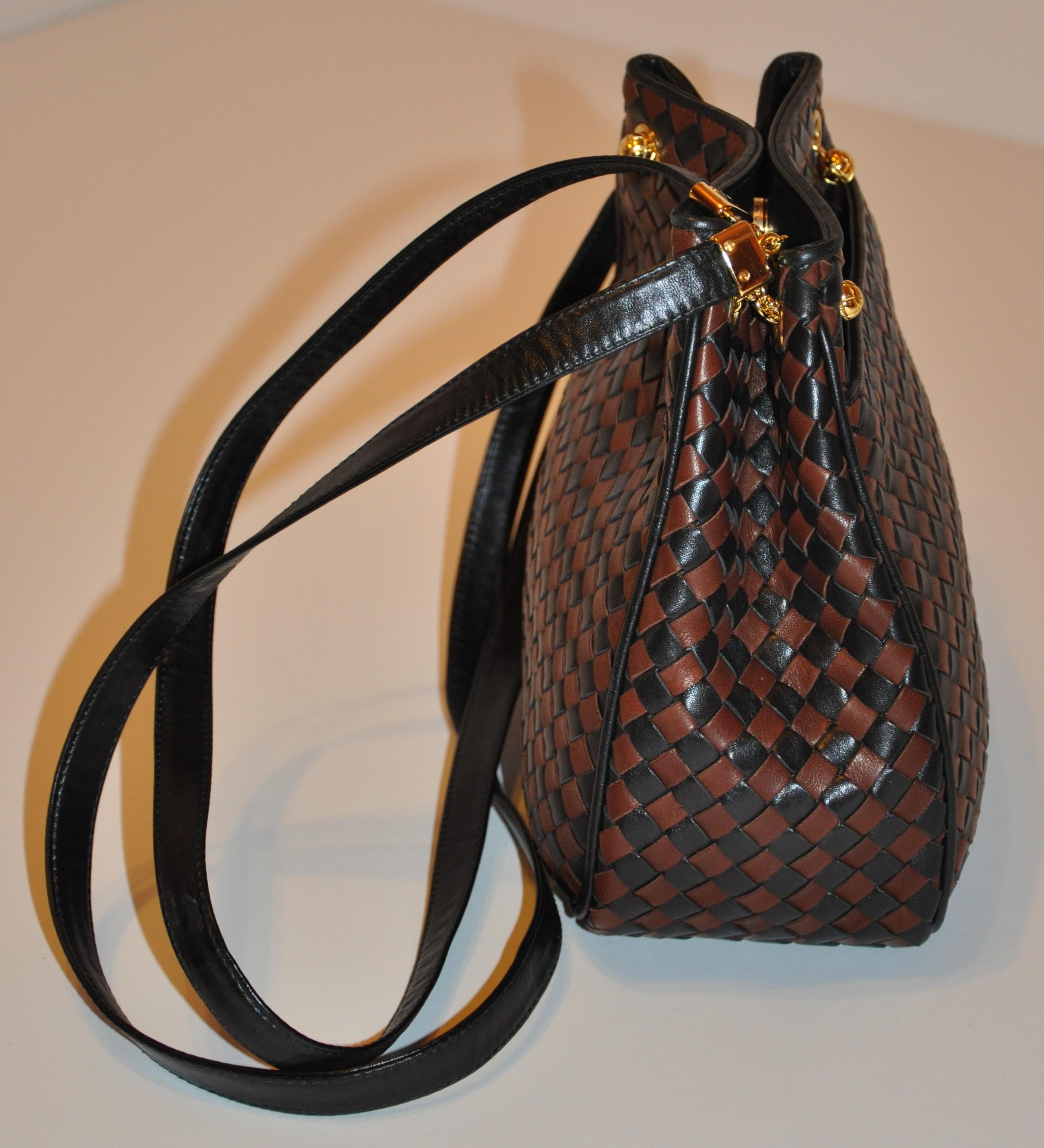 Bottega Veneta Coco-Brown & Black Woven Lambskin Shoulder Bag with Gold Hardware 1