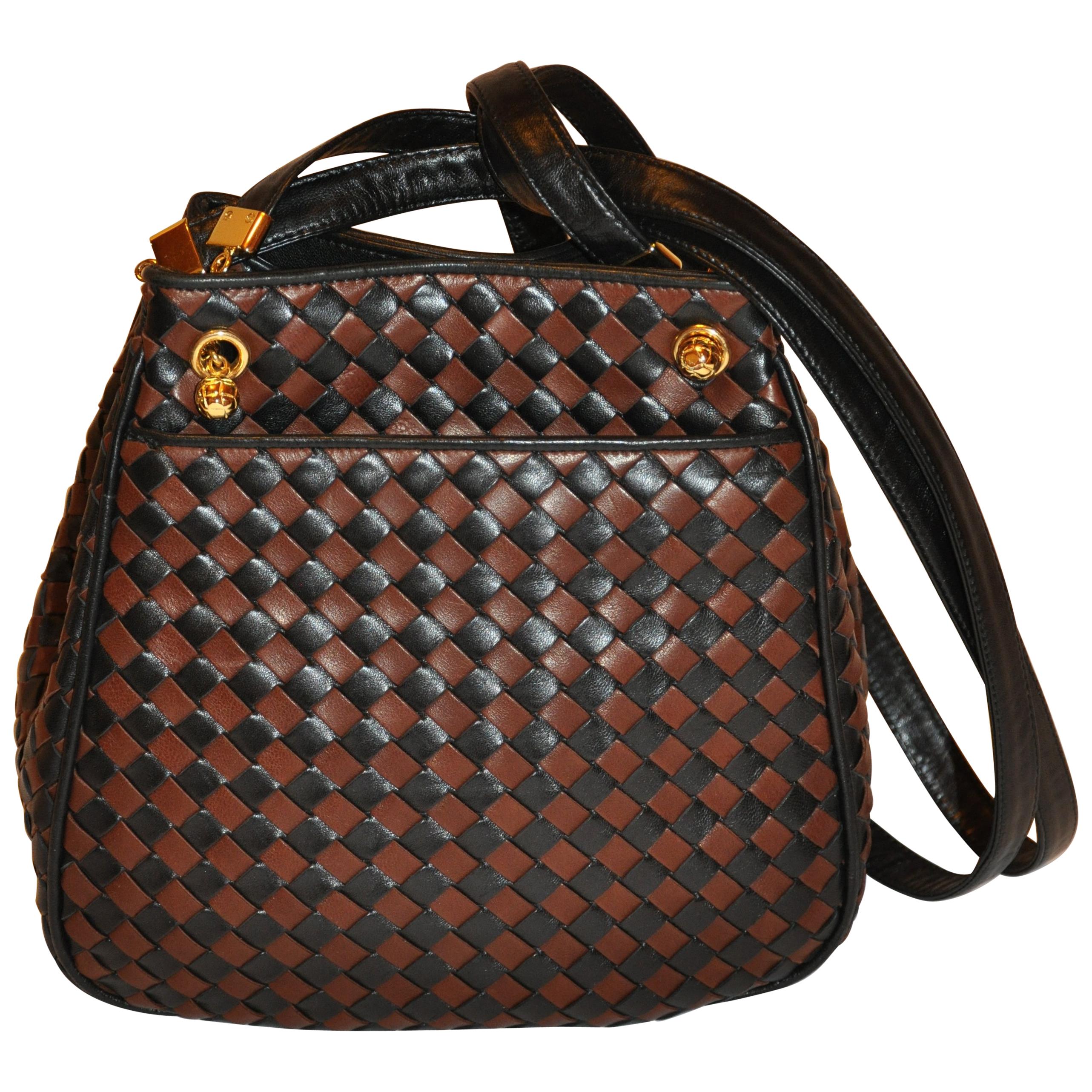 Bottega Veneta Coco-Brown & Black Woven Lambskin Shoulder Bag with Gold Hardware