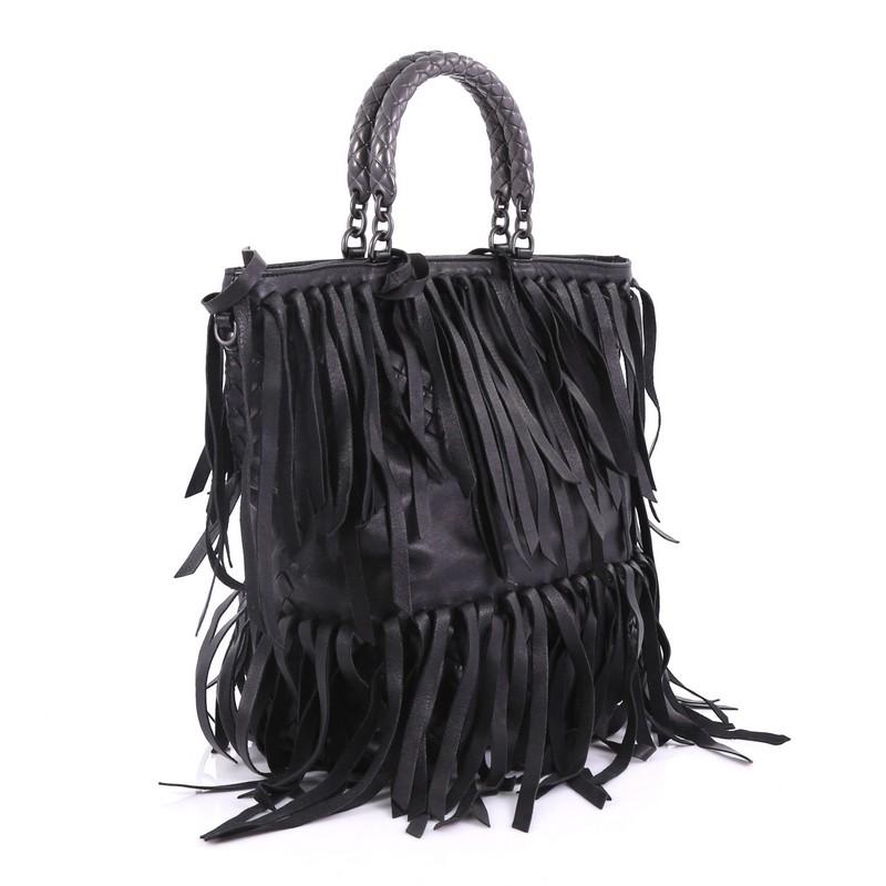 Black Bottega Veneta Convertible Tote Fringe Intrecciato Nappa Small