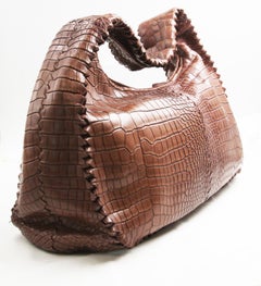 Bottega Veneta Crocodile Skin Brown Shoulder Bag