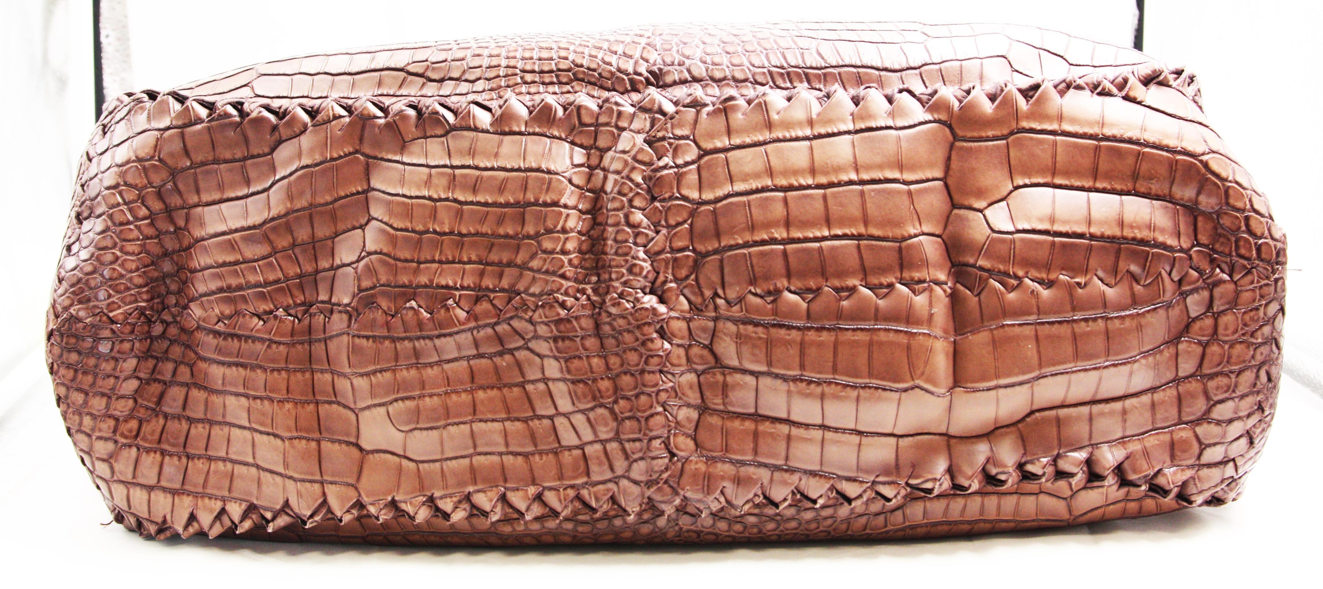 Bottega Veneta Crocodile Skin Brown Shoulder Bag In Excellent Condition For Sale In New York, NY