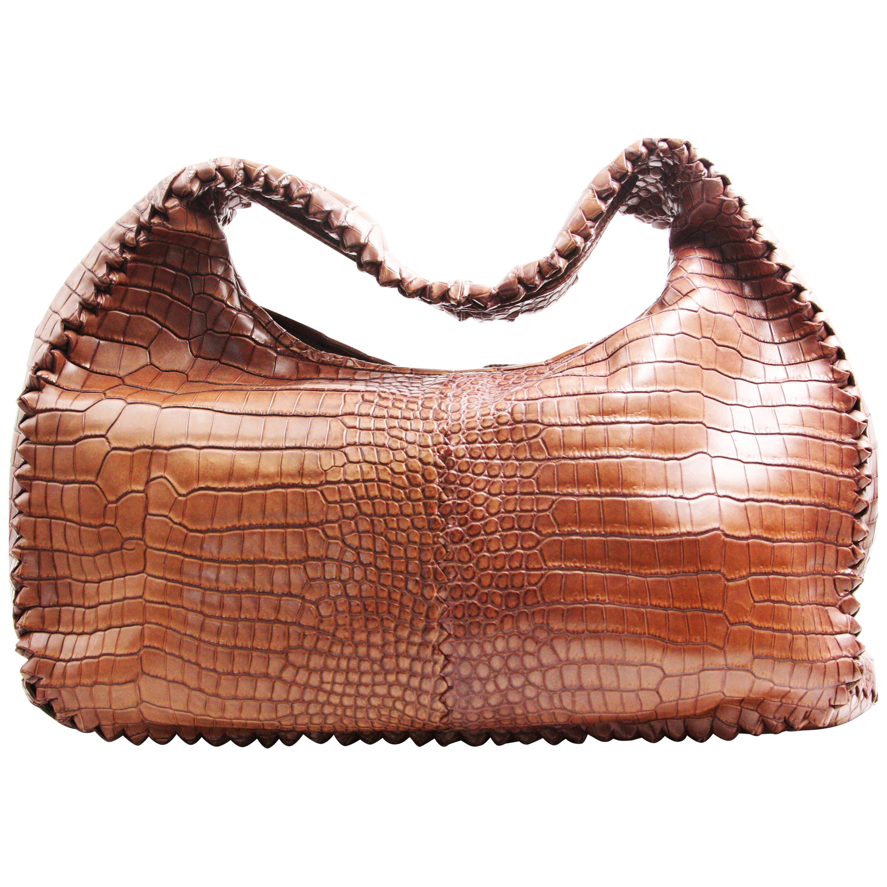 Bottega Veneta Crocodile Skin Brown Shoulder Bag For Sale