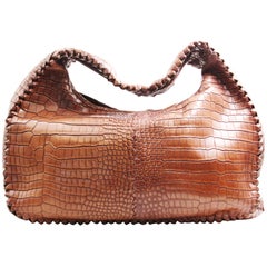 Bottega Veneta Crocodile Skin Brown Shoulder Bag