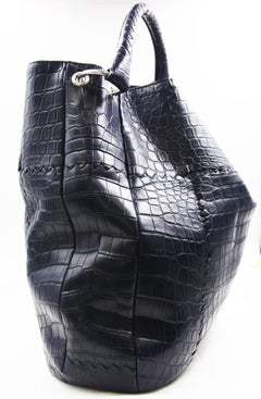 Bottega Veneta Crocodile Skin Dark Blue Shoulder Bag