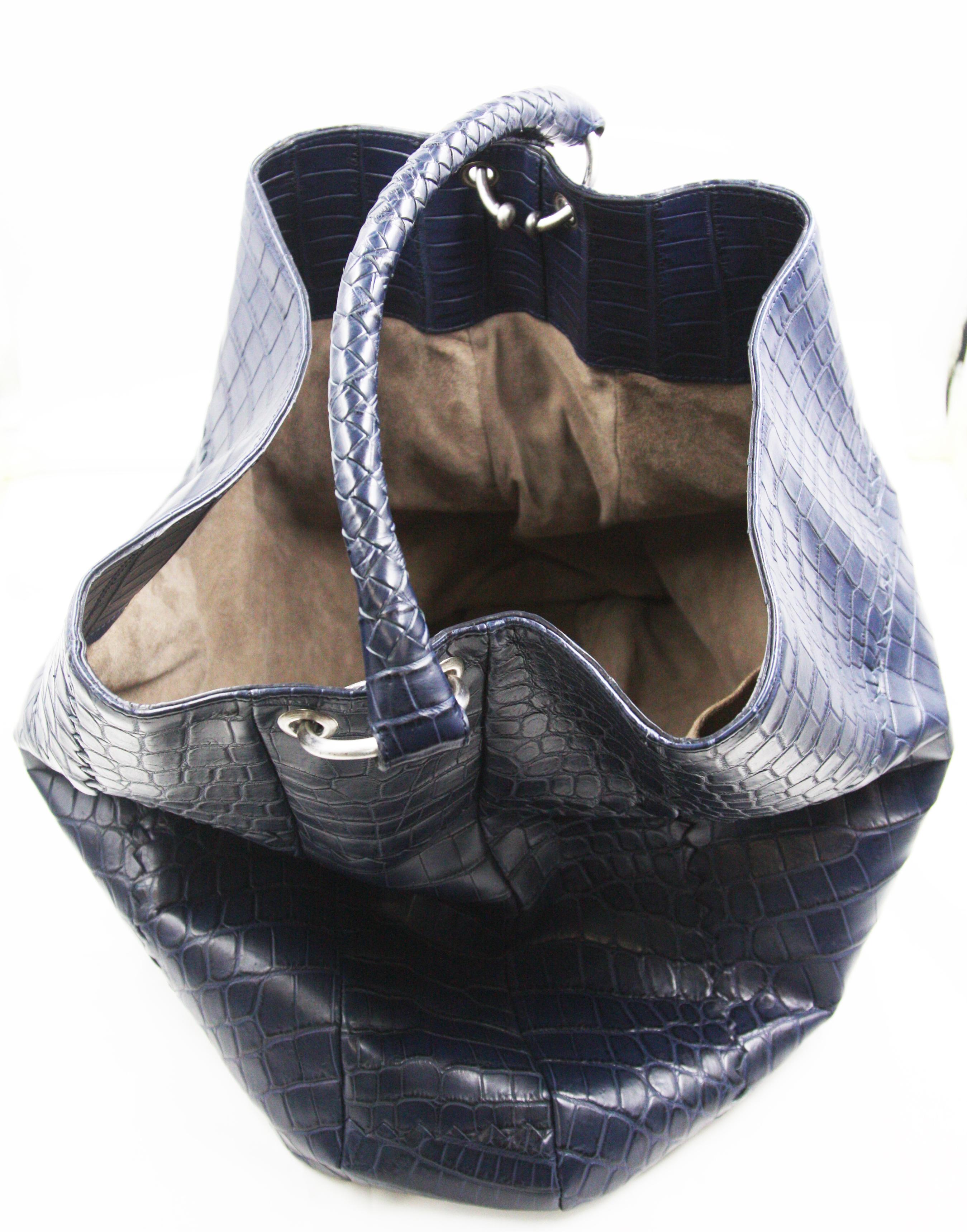 Bottega Veneta Crocodile Skin Dark Blue Shoulder Bag In Excellent Condition For Sale In New York, NY