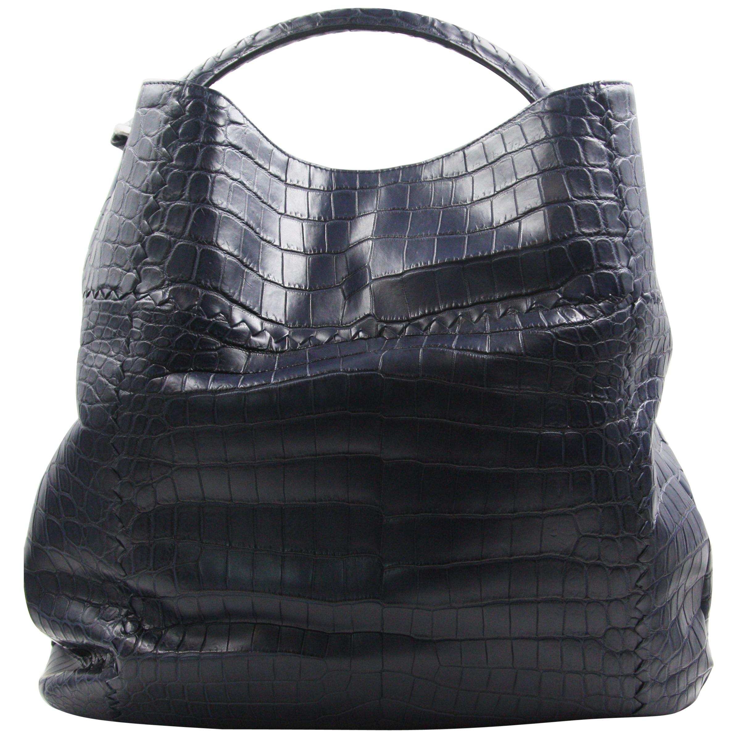Bottega Veneta Crocodile Skin Dark Blue Shoulder Bag For Sale