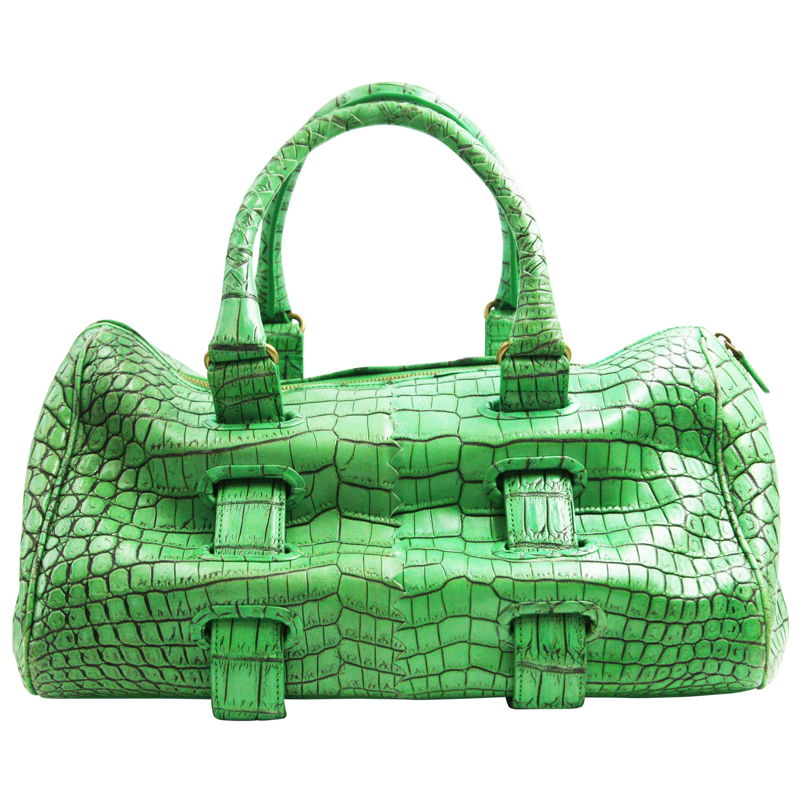 Dark Green Genuine Italian Leather Crocodile Skin Pattern Handbag 11x5x7.50" 