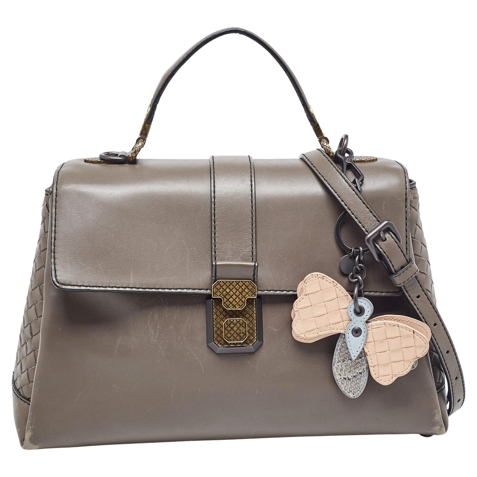 Bottega Veneta Dark Beige Leather Medium Piazza Top Handle Bag For Sale