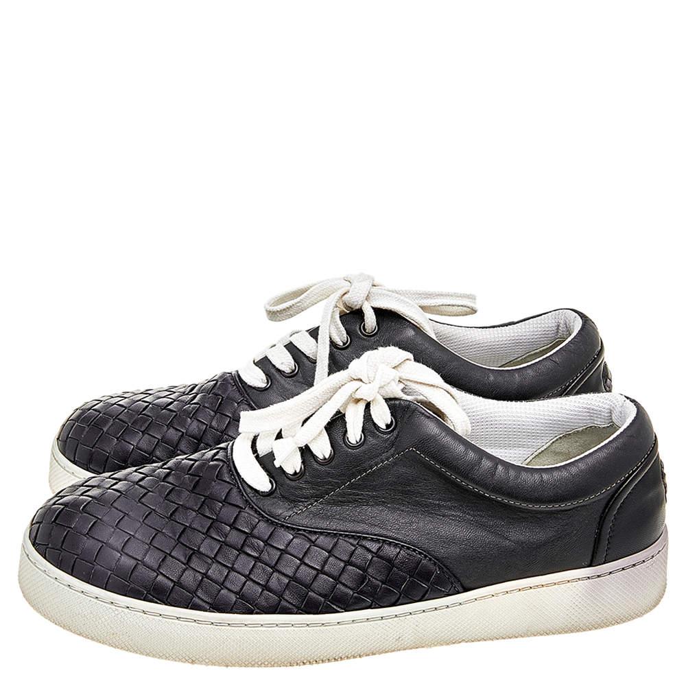 Men's Bottega Veneta Dark Blue/Black Intrecciato Leather Low Top Sneakers Size 42