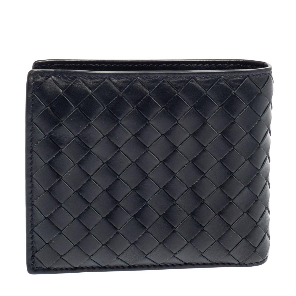 Black Bottega Veneta Dark Blue Intrecciato Leather Bifold Wallet