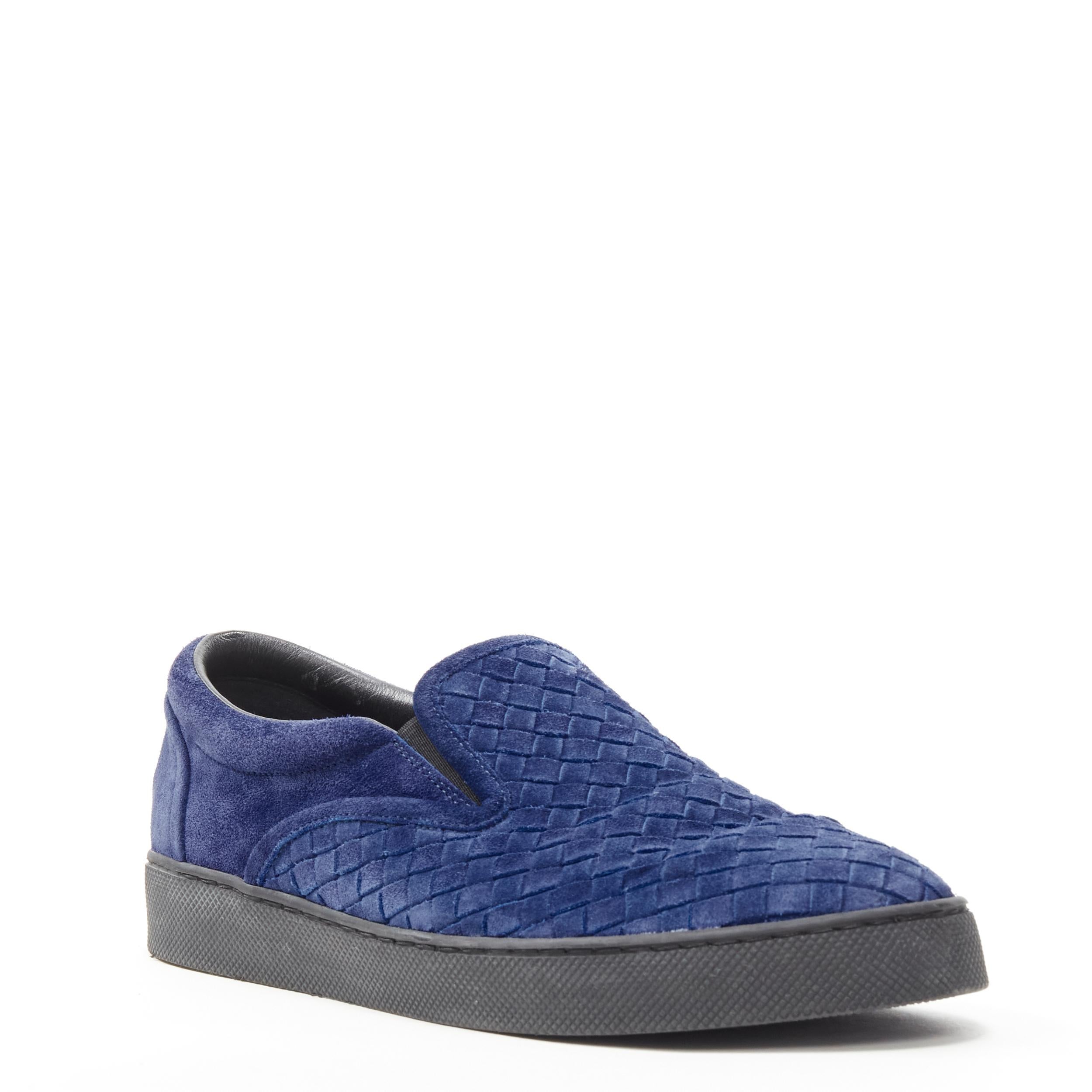 BOTTEGA VENETA dark blue suede Intrecciato woven suede black skate sneaker EU41 
Reference: LNKO/A01896 
Brand: Bottega Veneta 
Material: Suede 
Color: Blue 
Pattern: Solid 
Extra Detail: Slip on Skate shoes in signature Intrecciato woven suede