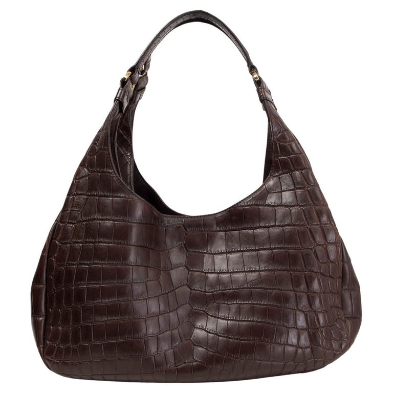 BOTTEGA VENETA dark brown CROCODILE CAMPANA MEDIUM HOBO Bag For 