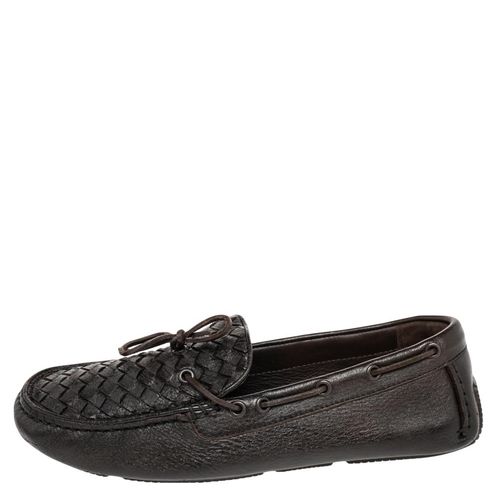 Black Bottega Veneta Dark Brown Intrecciato Leather Bow Slip On Loafers Size 41