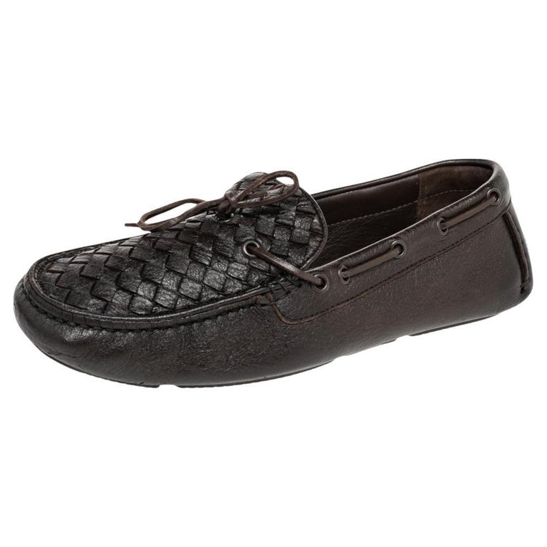 Bottega Veneta Dark Brown Intrecciato Leather Bow Slip On Loafers Size 41  For Sale at 1stDibs
