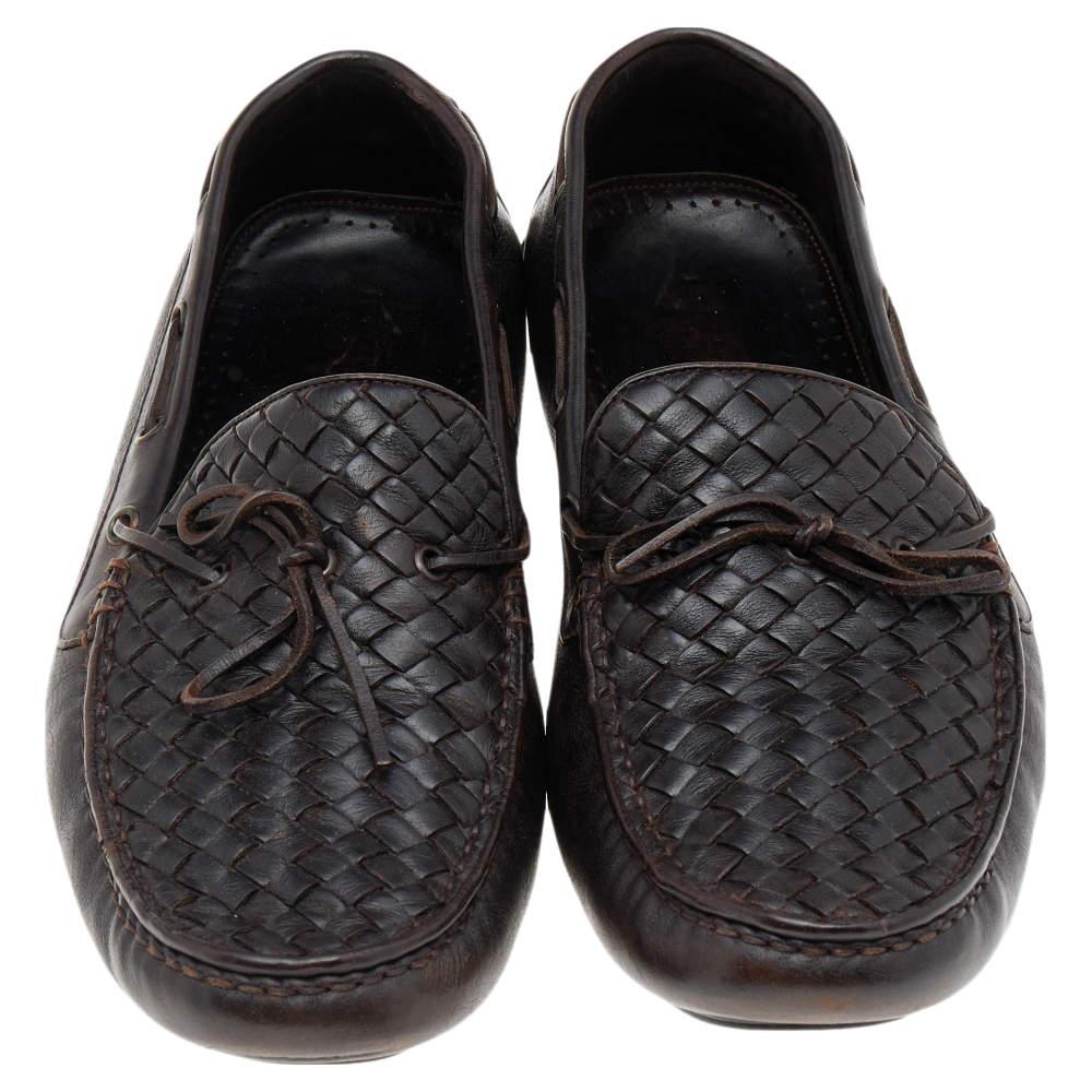 Bottega Veneta Dark Brown Intrecciato Leather Bow Slip On Loafers Size 45 For Sale 1