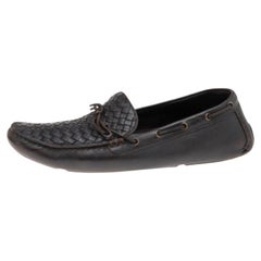 Bottega Veneta Dark Brown Intrecciato Leather Bow Slip On Loafers Size 45