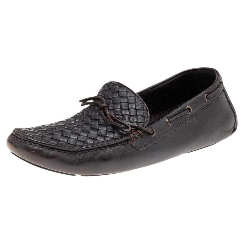 Bottega Veneta Dark Brown Intrecciato Leather Bow Slip On Loafers Size 45 For Sale