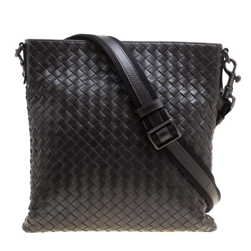 Bottega Dark Brown Intrecciato Leather Crossbody Bag For Sale at
