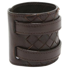 Bottega Veneta Dark Brown Intrecciato Leather Double Buckle Wrap Bracelet