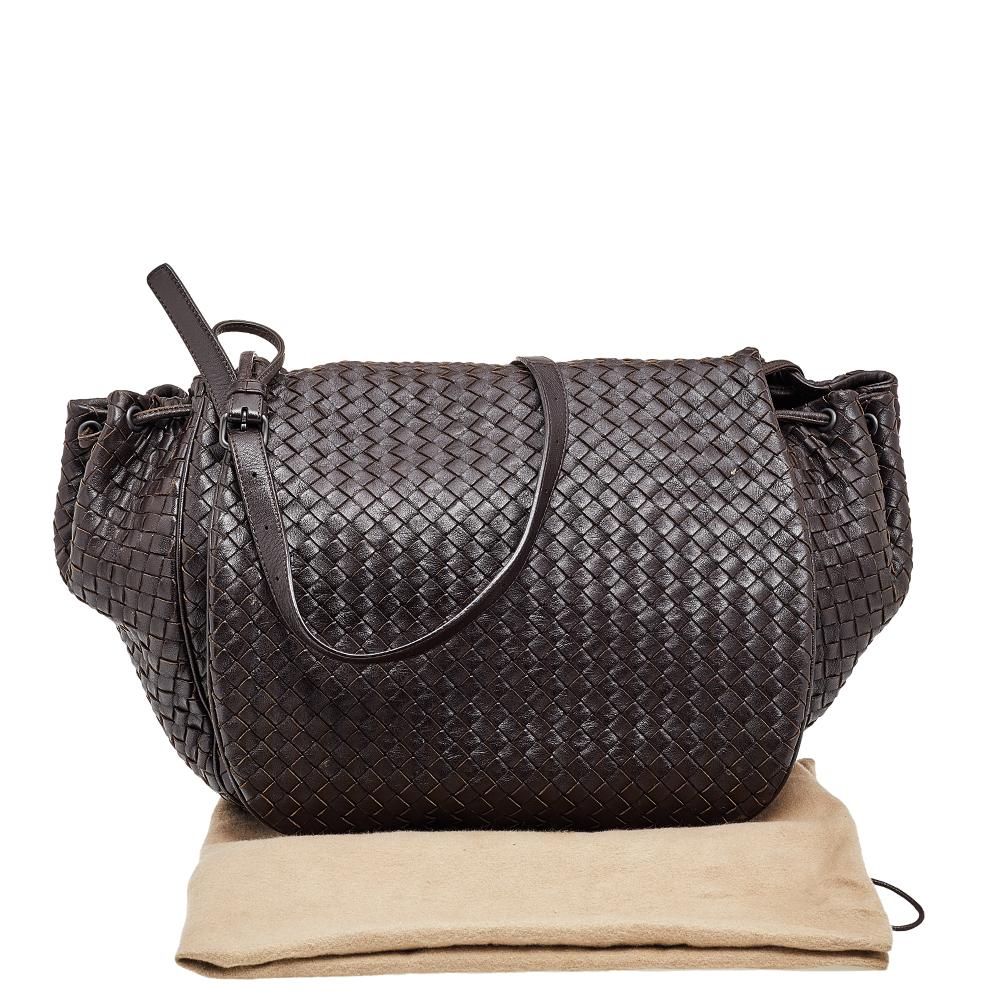Bottega Veneta Dark Brown Intrecciato Leather Drawstring Flap Crossbody Bag 4