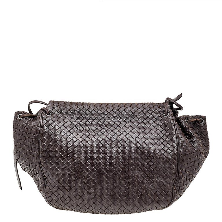 Bottega Veneta Dark Brown Intrecciato Leather Drawstring Flap Crossbody Bag  For Sale at 1stDibs
