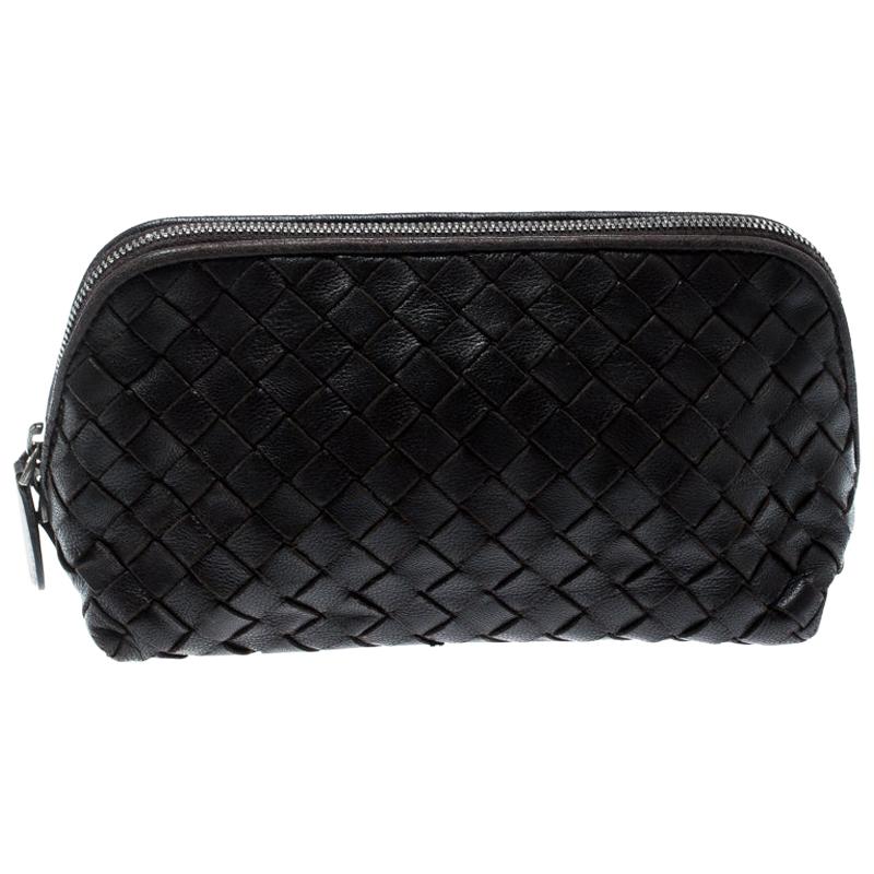 Bottega Veneta Dark Brown Intrecciato Leather Pouch