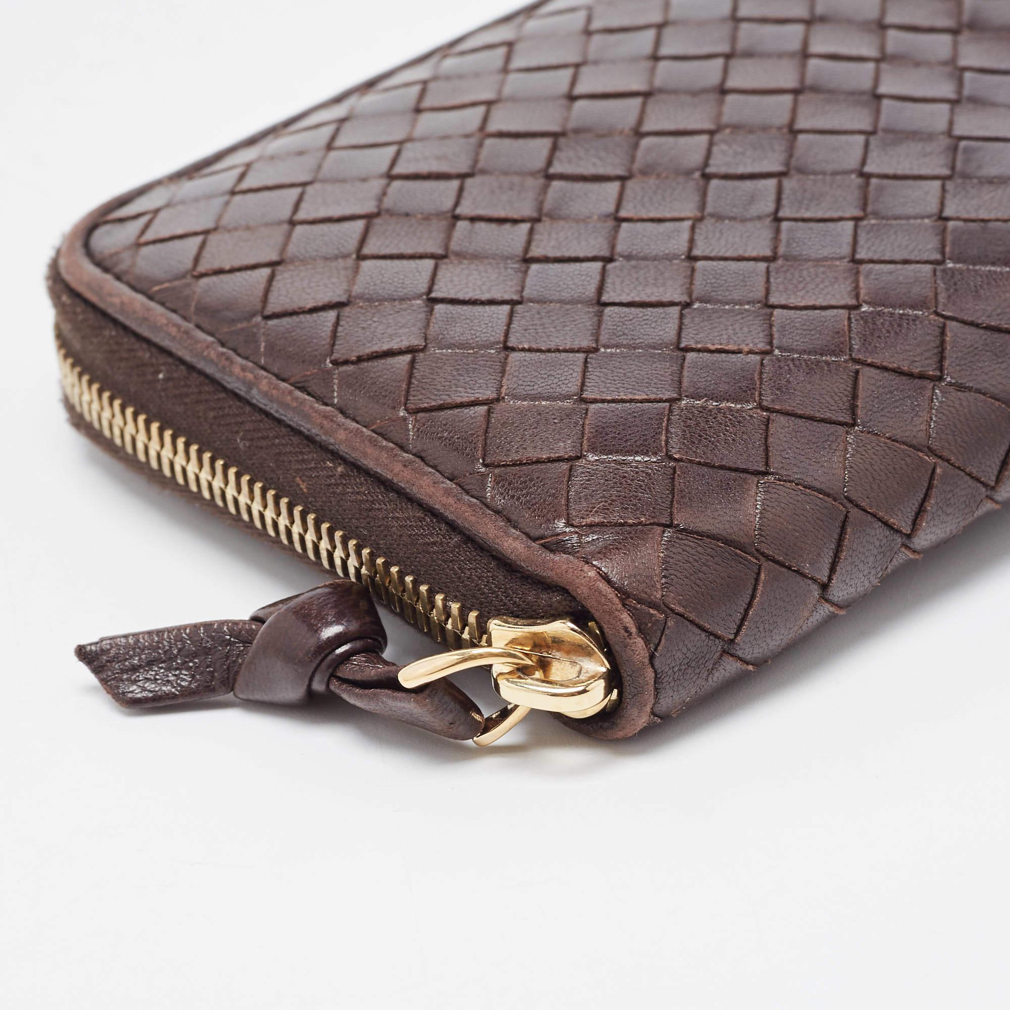 Women's Bottega Veneta Dark Brown Intrecciato Leather Zip Around Wallet