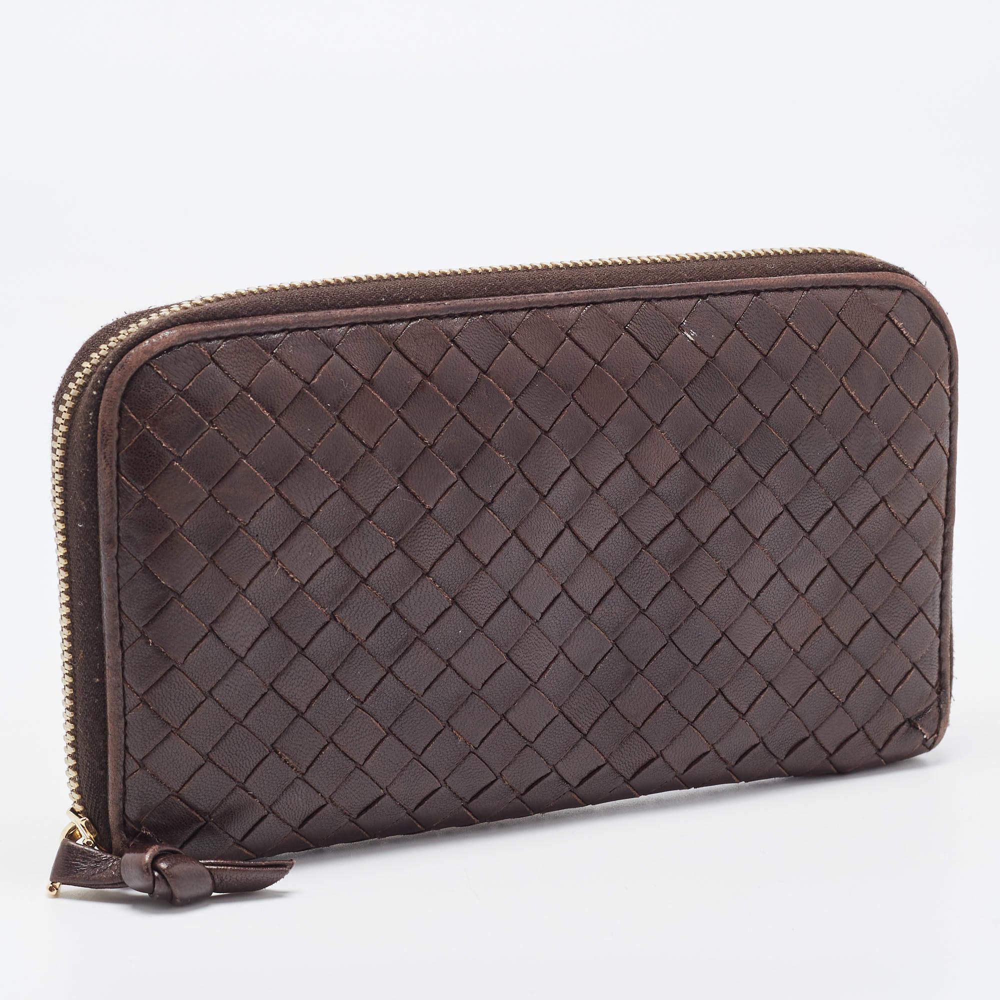 Bottega Veneta Dark Brown Intrecciato Leather Zip Around Wallet 1