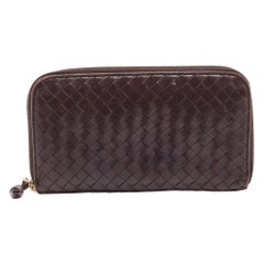 Bottega Veneta Dark Brown Intrecciato Leather Zip Around Wallet