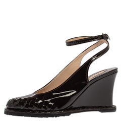 Bottega Veneta Dark Brown Intrecciato Patent Leather Wedge Slingback Sandals Siz