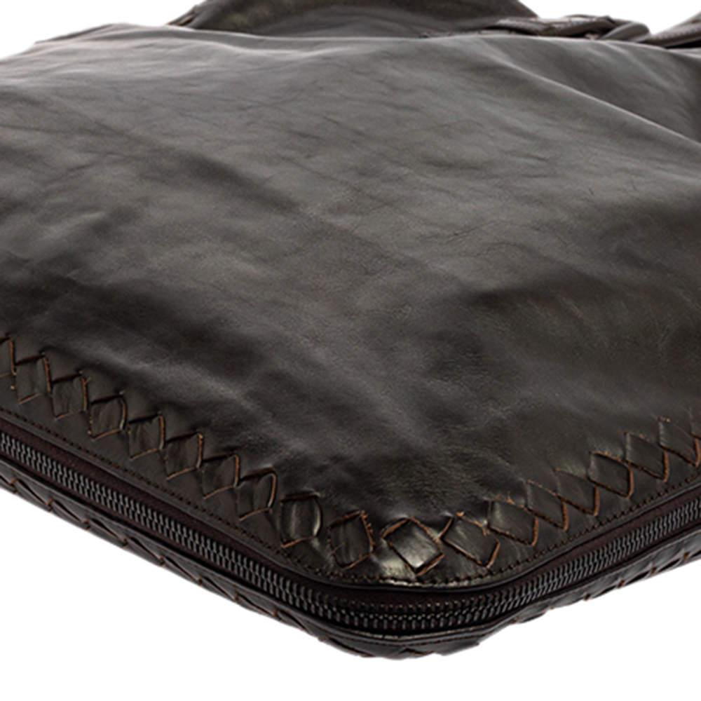 Bottega Veneta Dark Brown Intrecciato Trim Leather Expandable Tote For Sale 5