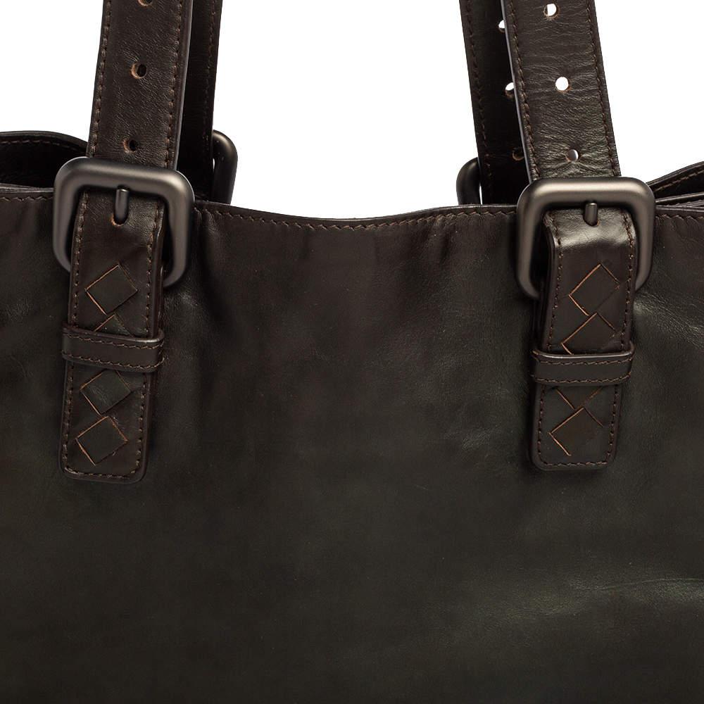 Bottega Veneta Dark Brown Intrecciato Trim Leather Expandable Tote For Sale 7